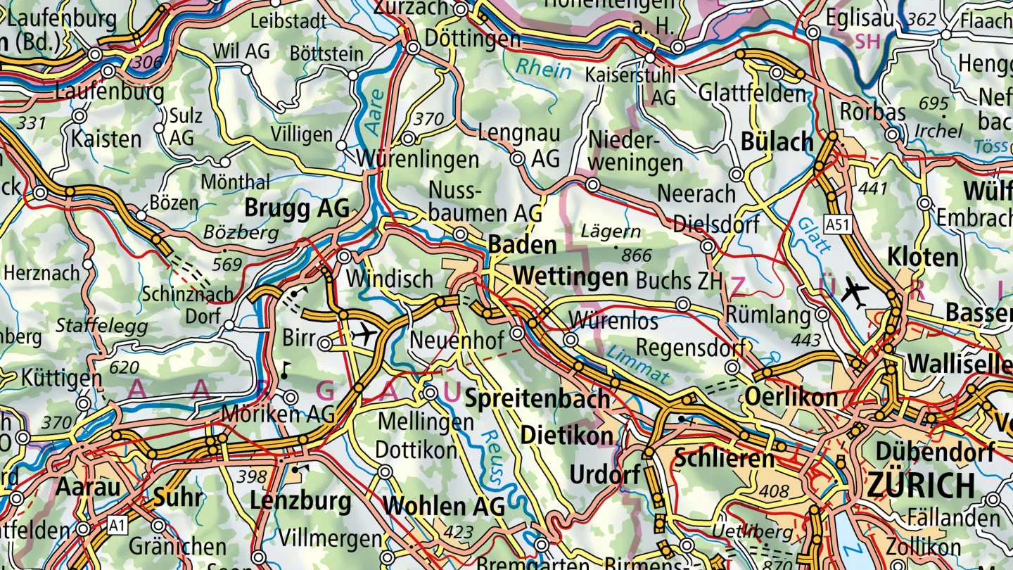 Schweizer Karte mit dem Showroom in Wettingen im Zentrum und Aarau am linken Rand