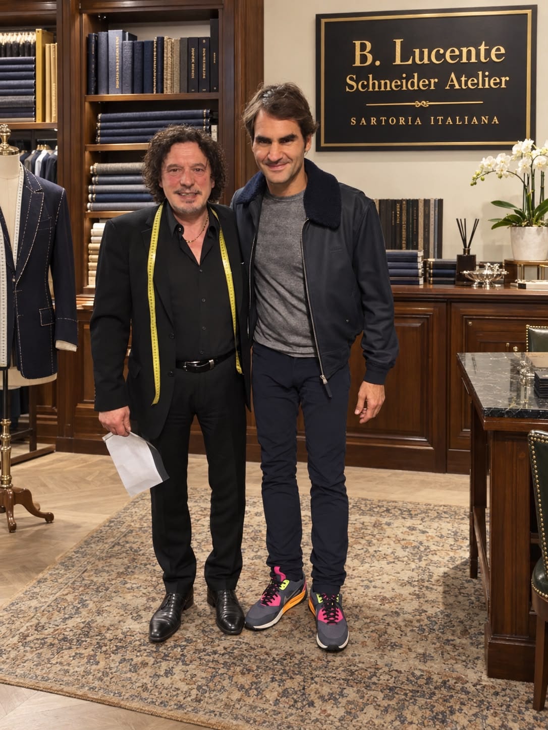 Roger Federer mit Meisterschneider Beldono Lucente im Atelier