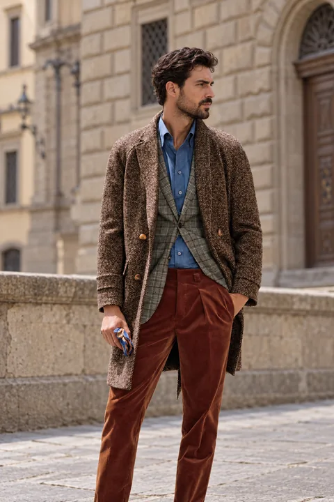 Bärtiger Herr in braunem Fischgratmantel über kariertem Sakko und Jeanshemd, dazu rostrote Cordhose, in Florenz