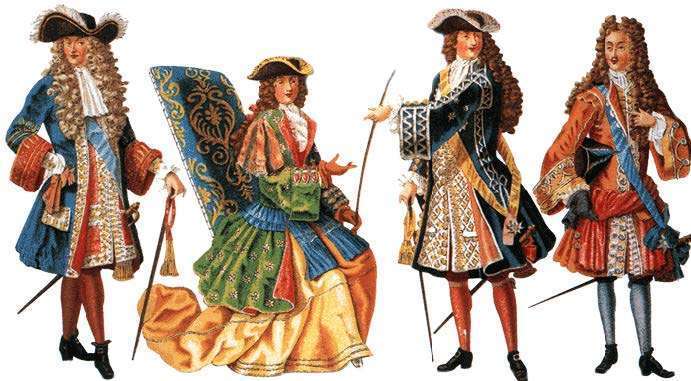 Höfische Mode unter Ludwig XIV.: Herren mit Allongeperücke, bestickten Röcken und Kniebundhosen