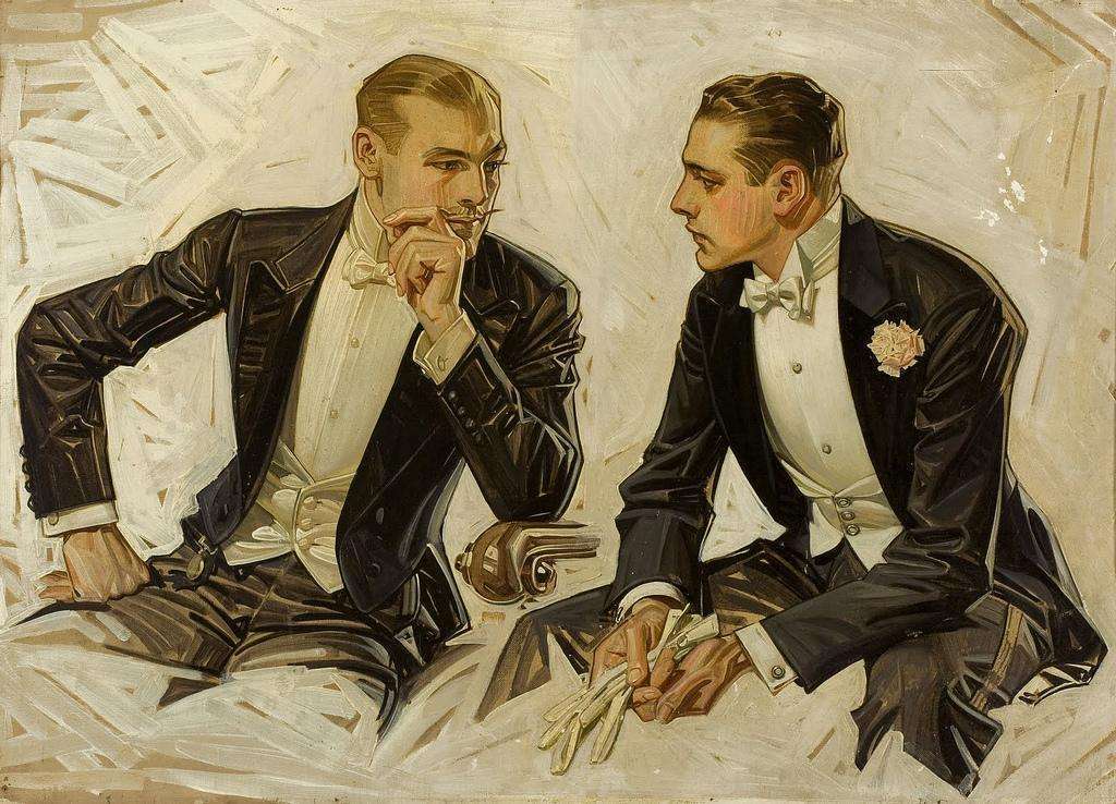 Zwei Herren im Frack mit weisser Fliege und Weste, Illustration im Stil der 1920er Jahre
