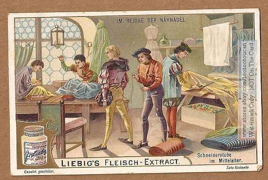 Liebig-Sammelbild einer mittelalterlichen Schneiderstube mit Schneidern und Kunden am Zuschneidetisch